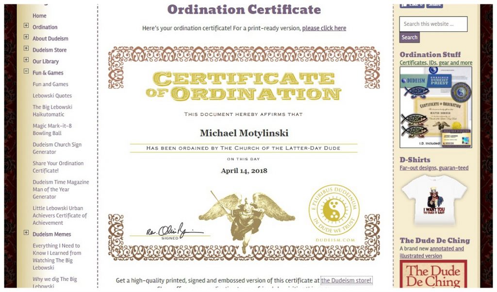 ordination papers from church of dudeism