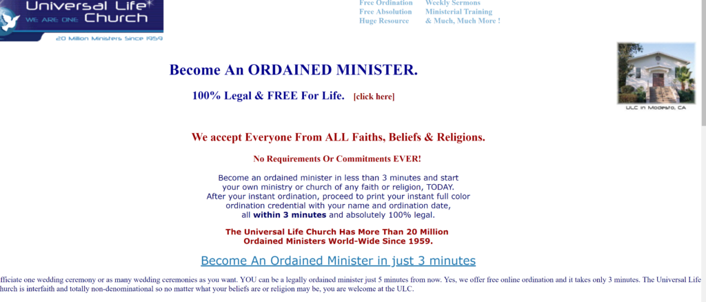 screen shot of website that ordained ministers